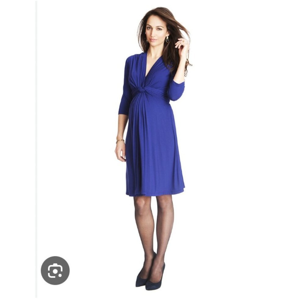 Seraphine Jolene Dress Womens 4 Blue Maternity Knot Front V Neck 3/4 Sleeve